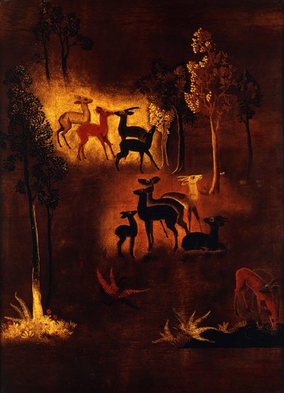Un panel decorado con ciervos en un paisaje boscoso de Jean Dunand