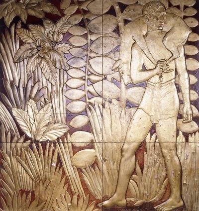 Cuatro paneles de madera lacada y dorada de "La Caza", c.1935-1949 de Jean Dunand