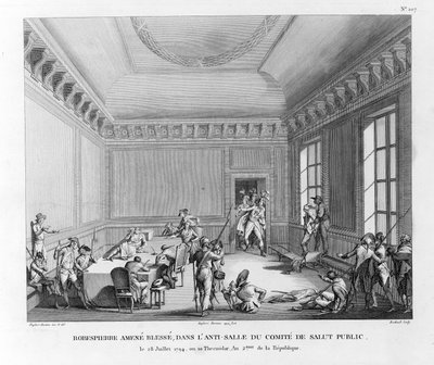 Robespierre llevado herido, en la antesala del comité de Salvación Pública el 28 de julio de 1794, grabado por Pierre Gabriel Berthault de Jean Duplessi Bertaux