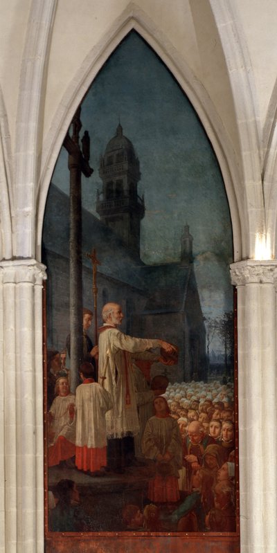 Predicación de Michel le Nobletz (1577-1652) en el exterior de una iglesia en Bretaña - Fresco, Catedral de San Corentín (Saint-Corentin), Quimper de Jean Edouard Dargent