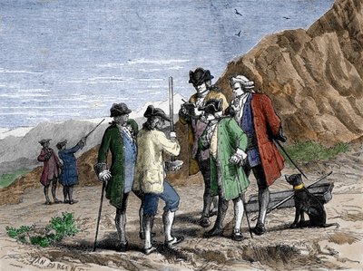 Florin Perier midiendo la altura del barómetro (tubo de mercurio) de Evangelista Torricelli durante el experimento sobre la gravedad del aire de Blaise Pascal, en la cima del Puy de Dome (1648). Grabado por Yan Dargent. de Jean Edouard Dargent