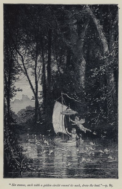 "Seis cisnes, cada uno con un círculo dorado alrededor de su cuello, tiraban del bote" (grabado) de Jean Edouard Dargent