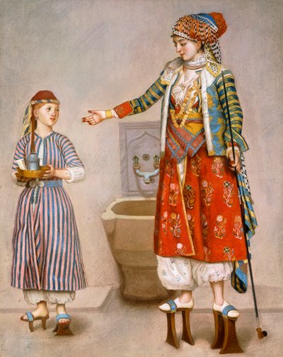 Una mujer con traje turco en un hamam instruyendo a su sirvienta de Jean Étienne Liotard