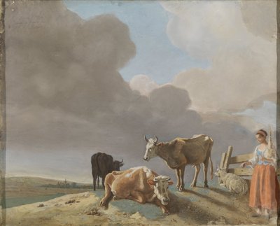 Paisaje con vacas, ovejas y pastora, copia modificada de un cuadro de Paulus Potter, la pastora copiada de un cuadro de Karel Dujardin (anverso); retrato inacabado de un hombre (reverso) de Jean Étienne Liotard