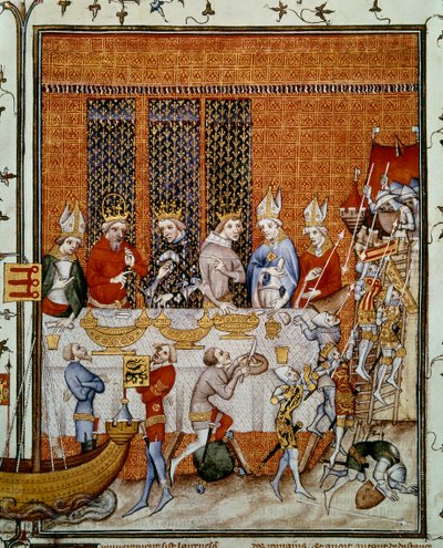 Banquete ofrecido por el rey Carlos V de Francia (1338-1380) en el Palacio de la Cité en honor del emperador Carlos IV (1316-1378) y Wenceslao IV (1363-1419) rey de Bohemia. Miniatura de “Grandes Crónicas de Francia” de Jean Fouquet (1420-1481), París, B.N de Jean Fouquet