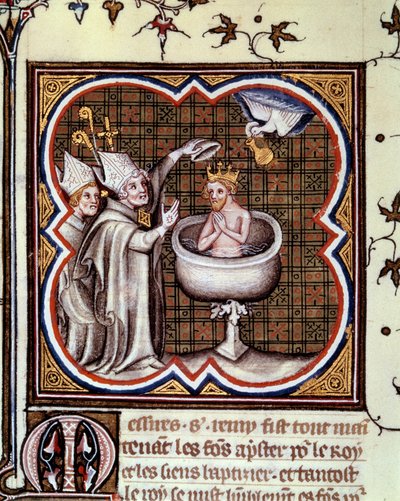 Bautismo de Clodoveo (466-511) por San Remigio (San Remi) en Reims en 496: el Espíritu Santo trae el santo crisma utilizado para la unción de los reyes. Miniatura en 