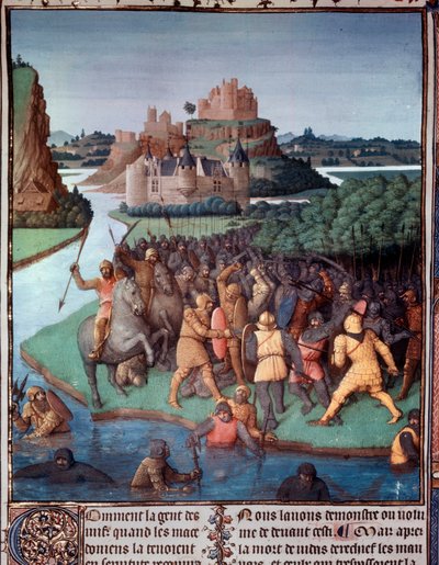 Batalla entre judíos y macedonios. Miniatura tomada de “El Libro de los Judíos Antiguos” (Antigüedades Judaicas) de Jean Fouquet (1420-1481) siglo XV París, B.N. de Jean Fouquet
