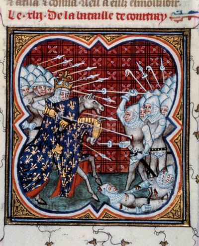 Batalla de Kortrijk entre Felipe IV el Hermoso (1268-1314) y los flamencos, llamada Batalla de las Espuelas de Oro 11/07/1302. Miniatura tomada de 