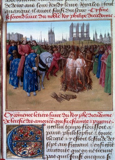 Condena y tortura de los amauricianos (seguidores de Amaury de Chartres, filósofo y teólogo francés del siglo XII) en presencia de Felipe II conocido como Felipe Augusto (1165-1223). Manuscrito 