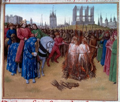 Condena y tortura de los amauricianos (seguidores de Amaury de Chartres, filósofo y teólogo francés del siglo XII) en presencia de Felipe II conocido como Felipe Augusto. Manuscrito "Grandes Crónicas de Francia" (Folio 236) de Jean Fouquet