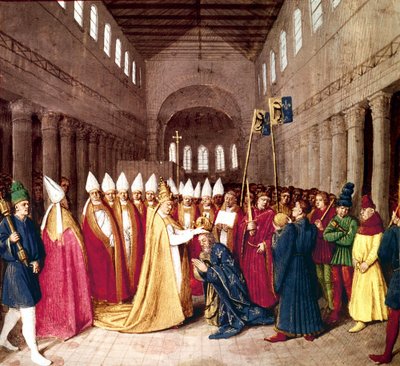 Coronación del emperador Carlomagno el 25 de diciembre de 800 en Roma por el Papa León III, iluminación de "Les Grandes Chroniques de France" por Jean Fouquet, c. 1455-1460 de Jean Fouquet