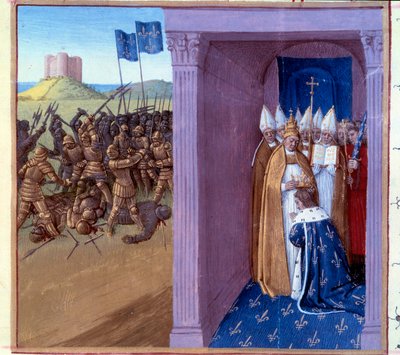 Derrota de Griffon (escena de la izquierda): Lucha de Pepino el Breve (714-768) y su hermano Griffon. Anillos de Pepino el Breve en Laon en 754. Miniatura en 