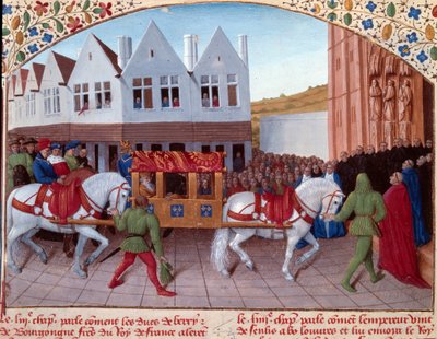 Entrada de Carlos IV (1316-1378) emperador alemán en 1378 en Saint-Denis. Miniatura de las Grandes Crónicas de Francia (Folio 442). Iluminada por Jean Fouquet (siglo XV) de Jean Fouquet