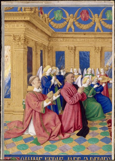 Étienne Chevalier y su patrón Saint Étienne, miniatura de las Horas de Étienne Chevalier de Jean Fouquet