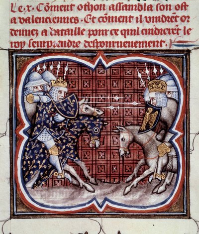 Guerra Franco-Inglesa (1202-1214): la Batalla de Bouvines el 27/07/1214 entre el ejército francés de Felipe Augusto y los flamencos y güelfos de Otón IV de Jean Fouquet