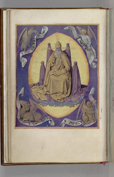 Dios Padre con símbolos de los cuatro evangelistas en las esquinas. Libro de Horas, 1450-1499 de Jean Fouquet