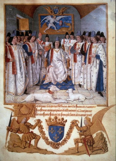 Celebración de un capítulo de la Orden de San Miguel alrededor de Luis XI (1423-1483) Miniatura de 