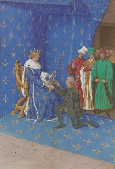 Jean Fouquet - Presentación de la espada connetable a Bertrand Duguesclin - Iluminación (siglo XV) de Jean Fouquet