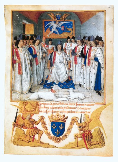 El rey Luis XI preside una reunión capitular de la ... (manuscrito iluminado) de Jean Fouquet