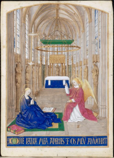 La Anunciación, miniatura extraída de las Horas de Étienne Chevalier. Oficio del Espíritu Santo, maitines de Jean Fouquet