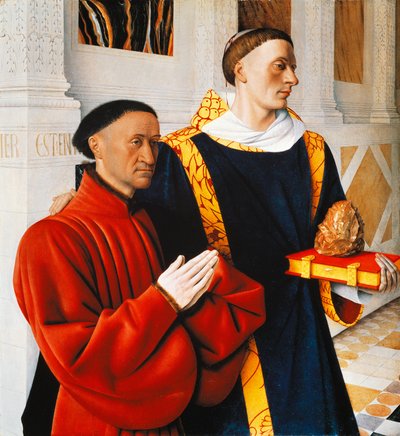 Panel izquierdo del Díptico de Melun: Etienne Chevalier con su santo patrón San Esteban de Jean Fouquet