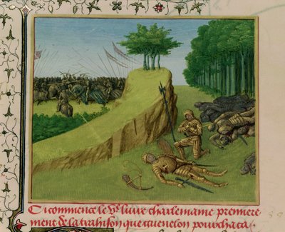El emperador Carlomagno encuentra el cadáver de Roldán después de la batalla de Roncesvalles, de 