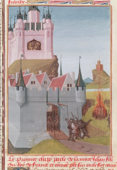 Ms Fr 6465 fol.327 El reinado de Felipe V (c.1294-1322) "El Alto" de la muerte de su sobrino, Juan I en 1316, de las Grandes Crónicas de Francia (vitela) de Jean Fouquet