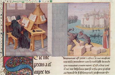 Ms.fr.273 fol.7 Livio (59 a.C.-17 d.C.) escribiendo y la fundación de Roma, de 