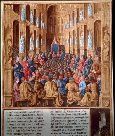 El Papa Urbano II (1042-1099) predicando la primera cruzada en el Concilio de Clermont, Francia, uniendo caballeros, nobleza y cardenales de Jean Fouquet