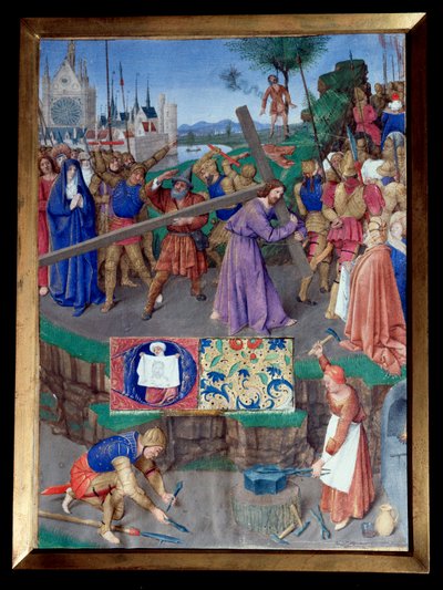 Portage de croix Miniatura tomada del "Libro de Horas de Etienne Chevalier" por Jean Fouquet (1420-1477/1481) de Jean Fouquet