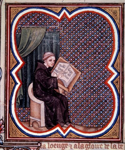 Primate escribiendo las grandes crónicas de Francia en la abadía de Saint Denis. Miniatura del manuscrito de Jean Fouquet (1420 - 1481) 