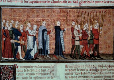 Procesión con motivo del bautizo de Carlos VI (1368-1422) llevada por la Reina Juana de Évreux. Miniatura de “Las grandes crónicas de Francia” de Jean Fouquet (1420-1481) París, B.N. de Jean Fouquet