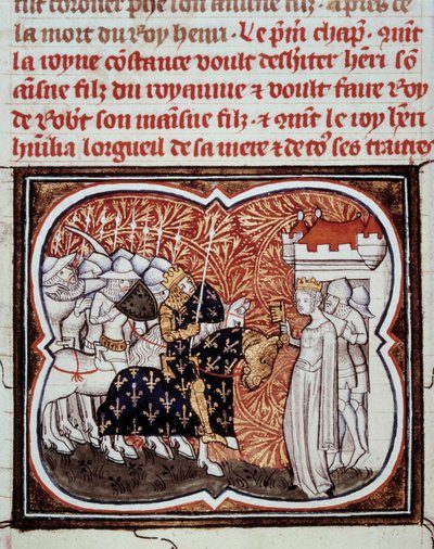 La reina Constanza de Arles (986-1032) se rinde ante su hijo Enrique I Rey de Francia (1008-1060). Miniatura de 