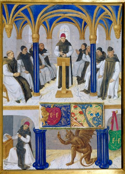 Representación de San Bernardo de Claraval (San Bernardo di Chiaravalle) (1090-1153) enseñado y tentado por el diablo. Miniatura tomada de 