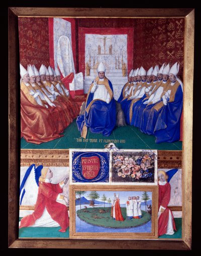 San Hilario (401-449) en el Concilio convocado por el Papa León I alrededor de 445. Miniatura tomada del "Libro de Horas de Etienne Chevalier" por Jean Fouquet (1420-1477/1481) de Jean Fouquet