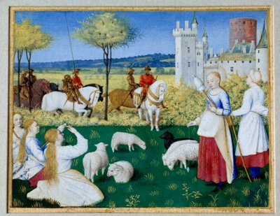 Santa Margarita de Antioquía (siglo III) y Olibrius también conocida como Margarita cuidando las ovejas. Episodio de la Leyenda Dorada de Santiago de la Vorágine (1228-1298). El prefecto Olibrius se enamora repentinamente de Margarita, una joven pastora oc de Jean Fouquet