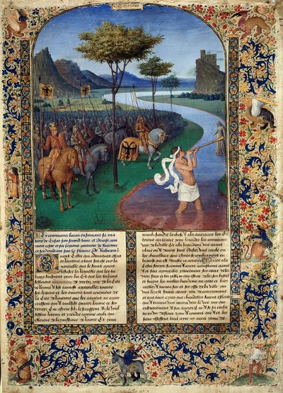 El Paso del Rubicón por Julio César. El general romano Julio César cruzó el Rubicón el 11/01/49 a.C., lo que constituye la separación entre la Galia Cisalpina e Italia. Miniatura de “Historia Antigua hasta César y Hechos de los Romanos” de Jean Fouquet de Jean Fouquet