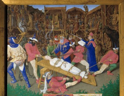 Los votos de los santos. Martirio de Santa Apolonia (o Apolline). La santa cristiana Apolonia de Alejandría es torturada por los paganos en el año 249 d.C. Los verdugos le tiran del cabello y le rompen los dientes. El emperador Decio es un espectador. Deta de Jean Fouquet