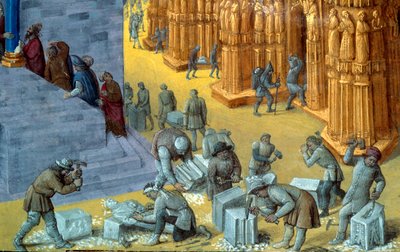 La construcción del templo de Jerusalén por el rey Salomón Detalle que representa a los cortadores de piedra. Miniatura del manuscrito “Las Antigüedades Judaicas” de Flavio Josefo (Giuseppe Flavio, Flavius Josephe) (37-100) ilustrado por Jean Fouquet (1425 de Jean Fouquet
