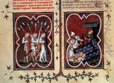 Los mariscales Robert de Clermont y Jean de Conflans fueron asesinados por Étienne Marcel (1315-1358) y sus hombres en la sala del delfín Carlos (futuro Carlos V) en el Palacio de la Cité el 22 de febrero de Jean Fouquet