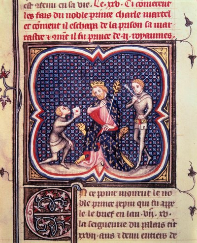 El alcalde del Palacio Carlos Martel (688-741) y su chambelán reciben un mensajero del Duque de Eudes de Aquitania (681-736). Miniatura de 