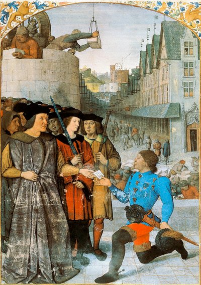 Vizconde de Rochechouart recibiendo un mensajero real. Miniatura de Jean Fouquet de “Las Grandes Crónicas de Francia” de Jean Fouquet