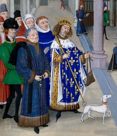 (detalle) El rey San Luis (Luis IX (1214-1270) preparándose para partir al extranjero. Miniatura de “Las Grandes Crónicas” de Jean Fouquet (1420-1481), París, Biblioteca de l