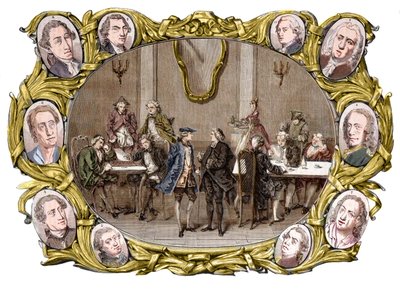 París - El café “Procope” en el siglo XVIII de derecha a izquierda, en los medallones, Georges Louis Leclerc, Conde de Buffon, Nicolas Joseph Florent Gilbert, Denis Diderot, Jean le Rond d