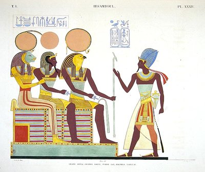 Fresco de Ibsambul que representa a Ramsés II frente a (de izquierda a derecha) Sekhmet, posiblemente una deificación de Ramsés II y Re-horakhty de Jean Francois Champollion
