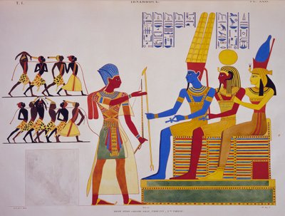Ramsés II ante la Tríada, fresco de la pared este del gran salón de Abu Simbel, de Monuments of Egypt and Nubia de Jean Francois Champollion