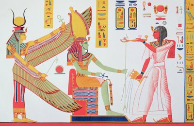 Ramsés IV ofreciendo incienso a Isis y Amón-Ra, sentados en un trono, copia de una pintura mural de su tumba en el Valle de los Reyes, lámina 260 de Monuments d