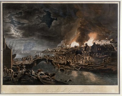 Granville en llamas asediada por los Vandeanos, basado en pintura de J. François Hue, c. 1800 de Jean Francois Hue