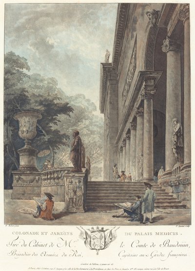 Colonnade y jardines del Palacio Medici, c. 1776 de Jean Francois Janinet