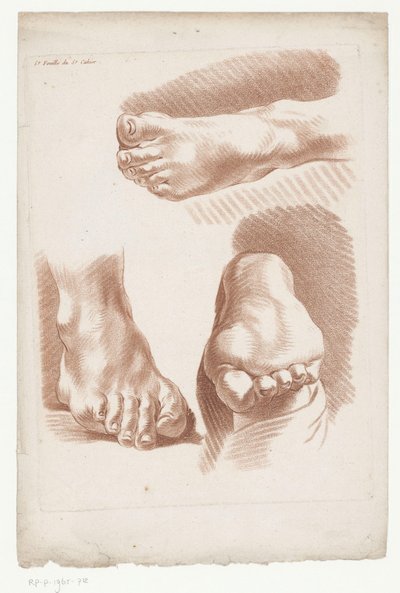 Tres pies en diferentes posiciones 5.e Hoja del 5.e Cahier. (título en el objeto) Composiciones con partes del cuerpo humano (título de serie) Cinquième Cahier de Principes de Dessein (título de la serie) de Jean Francois Janinet